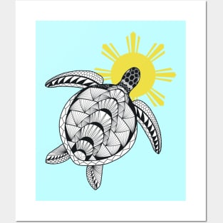 Philippine Sun / Tribal line Art Turtle Posters and Art